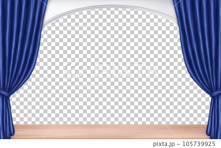 A theater stage with marble columns and satin curtains. Digital illustration on a white background. Concert hall, classical scenery for the performance, podium, opera, dance studio 105739925