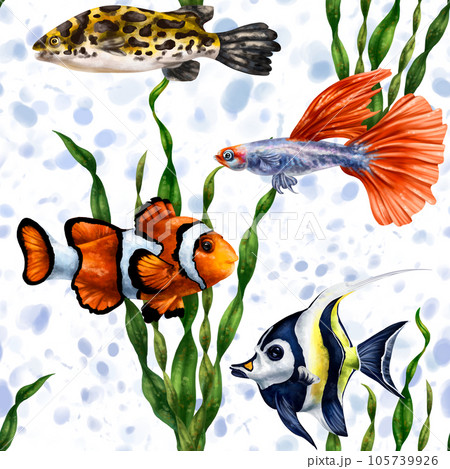Colorful sea fish in the ocean. Tropical waterfowl among green algae . Underwater life, diving and snorkeling, traveling to exotic places. Seamless pattern, digital illustration 105739926