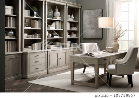 Interior of a room with a workplace at a table with a computer. Luxury solid cabinet furniture Interior of a room with a workplace at a table with a computer. Luxury solid cabinet furniture 105739957