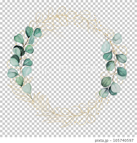 Round frame with green and golden watercolor eucalyptus leaves, isolated wedding illustration Round frame with green and golden watercolor eucalyptus leaves, isolated wedding illustration 105740597