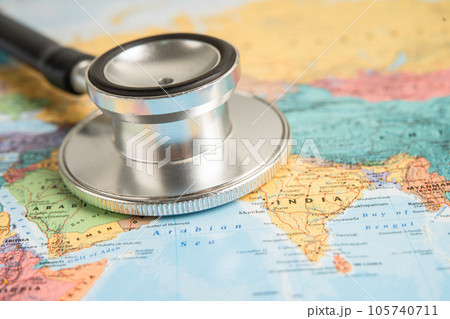 Bangkok, Thailand June 1, 2022, Stethoscope on India world globe map background. 105740711