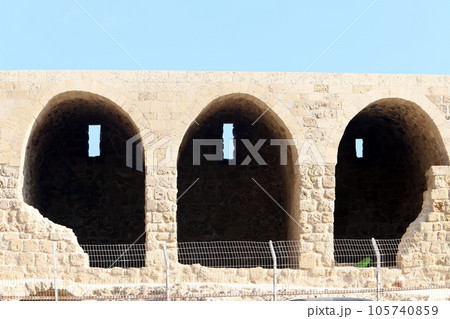 Wall of an ancient Crusader fortress in Israel 105740859