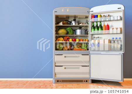 Opened fridge with food in interior, 3D rendering Opened fridge with food in interior, 3D rendering 105741054