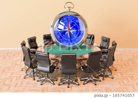 Round table with compass and armchairs around, 3D rendering Round table with compass and armchairs around, 3D rendering 105741057