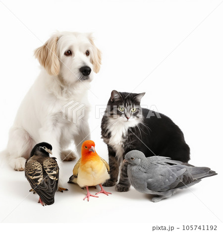 Several cute pets - dog, cat, pigeons together on a white background close-up. For advertising and design of pet products, pet stores and feed 105741192