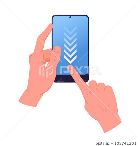 Cartoon hands holding cell phone. Finger scrolling smartphone screen, hands holding cell phone, mobile phone in hands flat cartoon vector illustration 105741201