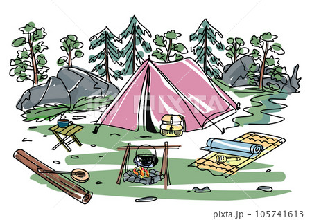tent in the forest, cartoon vector hand-drawing illustration 105741613