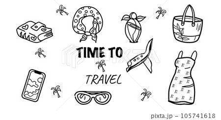 time to travel, vector set of summer vacation essentials hand drawn and isolated on white background time to travel, vector set of summer vacation essentials hand drawn and isolated on white background 105741618