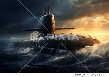 荒れた海を航行する原子力潜水艦：AI作品 105741750