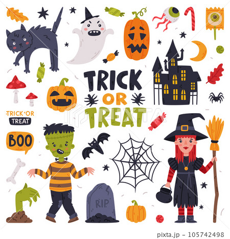 Halloween Trick or Treat Night Party Object and Elements Vector Set 105742498