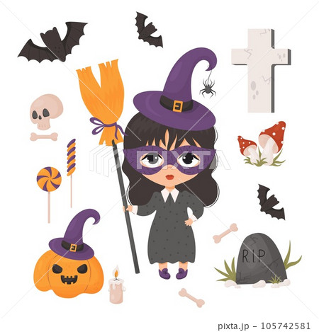 Collection Halloween. Girl in carnival mask in witch hat with spider and broom, grave cross, pumpkin Jack and skull, candy lollipops and bat. Vector illustration in cartoon style. kids collection Collection Halloween. Girl in carnival mask in witch hat with spider and broom, grave cross, pumpkin Jack and skull, candy lollipops and bat. Vector illustration in cartoon style. kids collection 105742581