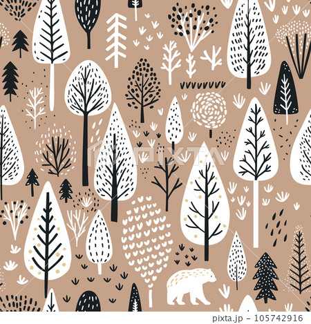 Winter woodland pattern, seamless christmas forest background on kraft paper. Handicraft gift wrapping paper, organic natural scandinavian holidays background 105742916