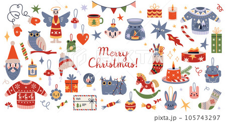 Collection of New Year and Christmas attributes, cartoon style. Set of traditional winter holidays symbols. Xmas decorations. Trendy modern vector illustration isolated on white background, flat Collection of New Year and Christmas attributes, cartoon style. Set of traditional winter holidays symbols. Xmas decorations. Trendy modern vector illustration isolated on white background, flat 105743297