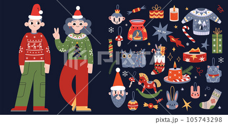 Christmas, New Year attributes and children in traditional Xmas clothes, cartoon style. Winter holidays symbols, ugly sweaters. Trendy modern vector illustration, hand drawn, flat Christmas, New Year attributes and children in traditional Xmas clothes, cartoon style. Winter holidays symbols, ugly sweaters. Trendy modern vector illustration, hand drawn, flat 105743298