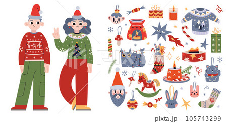 Christmas, New Year attributes and children in traditional Xmas clothes, cartoon style. Winter holidays symbols, ugly sweaters. Trendy modern vector illustration isolated on white, hand drawn, flat 105743299
