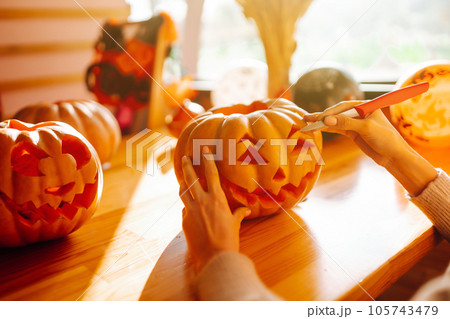 Set of orange pumpkins for halloween. Pumpkin with smile for your design for the holiday Halloween. Set of orange pumpkins for halloween. Pumpkin with smile for your design for the holiday Halloween. 105743479