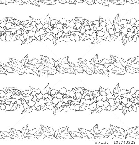Seamless pattern with strips of leaves and flowers. Outline of plants on white background. Vector illustration for textiles, design. 105743528