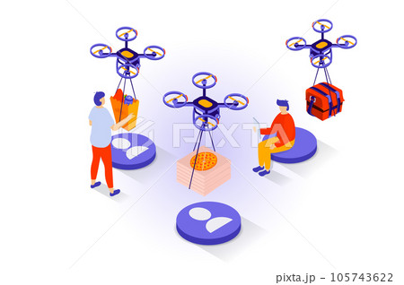 Food delivery concept in 3d isometric design. People ordering products bags and pizza from restaurant and receiving parcels from flying drones. Vector illustration with isometry scene for web graphic Food delivery concept in 3d isometric design. People ordering products bags and pizza from restaurant and receiving parcels from flying drones. Vector illustration with isometry scene for web graphic 105743622