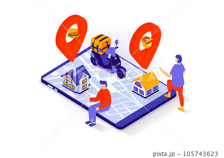 Food delivery concept in 3d isometric design. People ordering products bags and fast food meal, payung online and tracking courier shipping. Vector illustration with isometry scene for web graphic 105743623