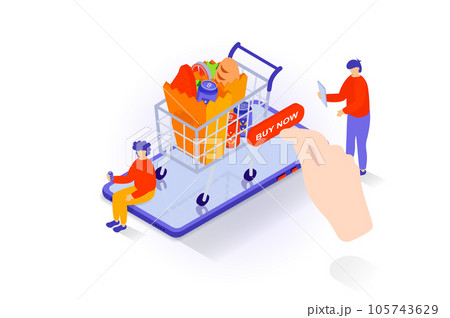 Food delivery concept in 3d isometric design. People ordering products bags in cart from supermarket or grocery store and buying online in app. Vector illustration with isometry scene for web graphic Food delivery concept in 3d isometric design. People ordering products bags in cart from supermarket or grocery store and buying online in app. Vector illustration with isometry scene for web graphic 105743629