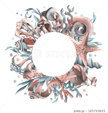 Seashells, starfishes, bubbles, algae and corals turquoise. Watercolor illustration hand drawn. Circle frame, wreath, template on a white background. 105743655