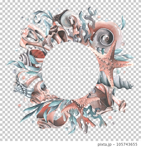 Seashells, starfishes, bubbles, algae and corals turquoise. Watercolor illustration hand drawn. Circle frame, wreath, template on a white background. 105743655