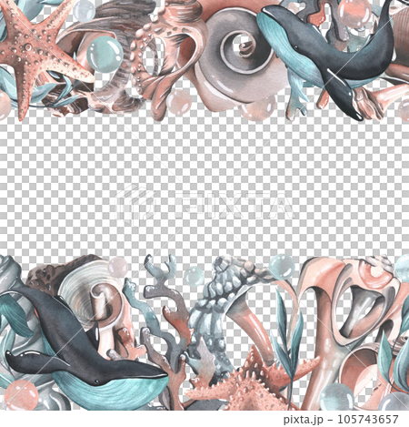 Whales With Seashells, Starfishes, Bubbles,... - Stock Illustration ...