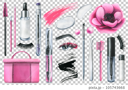 Pink cosmetics with anemone flowers and various decorative and skin care cosmetics. Watercolor illustration, hand drawn. Set of isolated elements on a white background. 105743668