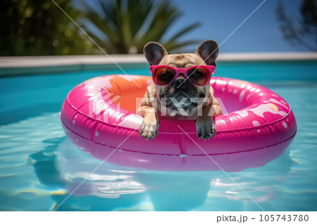 Cheerful happy dog with sunglasses swimming in the pool on an inflatable pink circle. Concept of fun holidays with animals. Generative AI 105743780