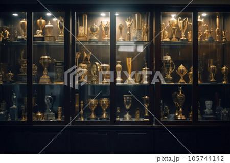 Trophy display case shelf made of glass and wood full of gold and silver trophies. Generative AI 105744142
