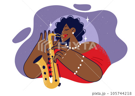 African American woman with saxophone performs jazz or blues music for club or festival goers 105744218