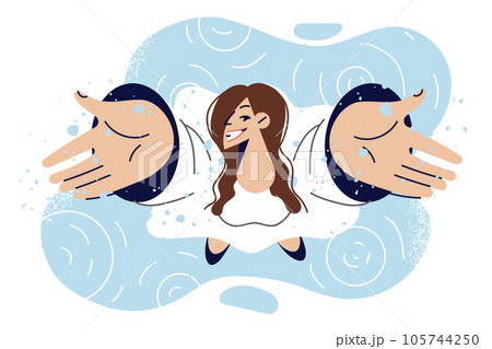 Woman rejoices in rain dripping from sky and raises hands up enjoying first autumn precipitation 105744250