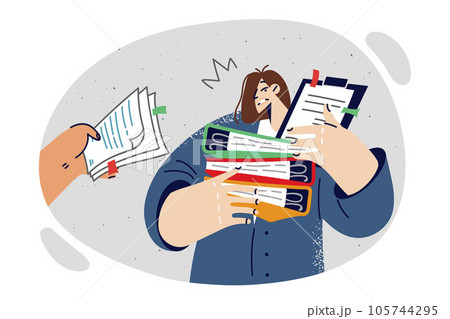 Overworked woman with folders and papers in hands feels burnt out and lacks productivity Overworked woman with folders and papers in hands feels burnt out and lacks productivity 105744295