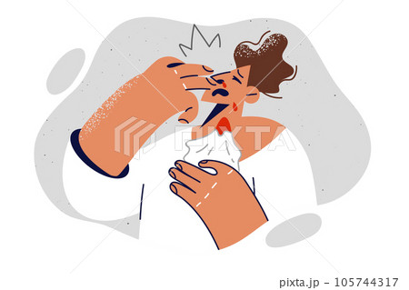 Man with nose bleed is holding towel and trying to solve high blood pressure problem Man with nose bleed is holding towel and trying to solve high blood pressure problem 105744317