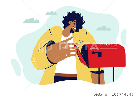 Ethnic woman opens street mailbox, checking for fresh mail and letters or newspapers 105744349