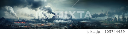 Panoramic view of factory emitting smoke, plant pipes pollute atmosphere Panoramic view of factory emitting smoke, plant pipes pollute atmosphere 105744489