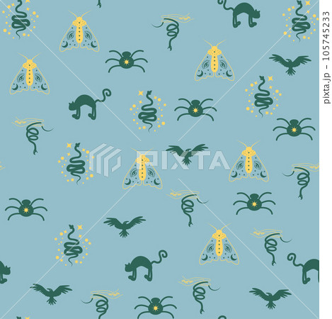 Magic and heaven seamless pattern, with magical elements such as snake, eye, tarot cards, hand, skull, potion, moon, butterfly, mushrooms, stars. Symbols and elements of the witchcraft theme. 105745233