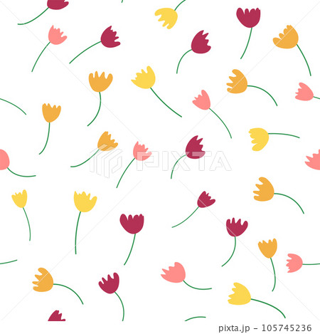 Seamless floral pattern with colorful tulip flowers, leaves and petals. Hand drawn spring flowers for fabric, prints, decoration, invitation cards. Retro from the 1970s 105745236
