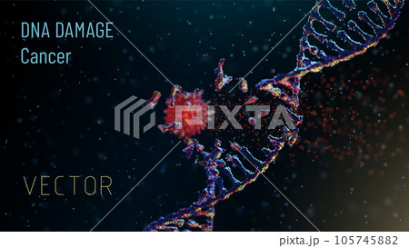 Destructible DNA helix in a medium of particles. Depth of field. 3D. Gene mutation. Carcinogen in backlight. Destructible DNA helix in a medium of particles. Depth of field. 3D. Gene mutation. Carcinogen in backlight. 105745882