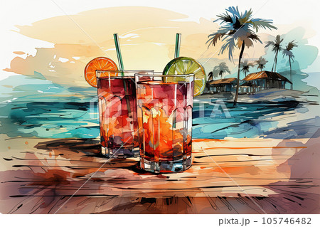 Tropical cocktails on beach with colorful ocean background. Watercolor pop art style illustration 105746482