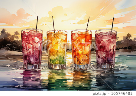 Tropical cocktails on beach with colorful sea sunset background. Watercolor pop art style illustration 105746483