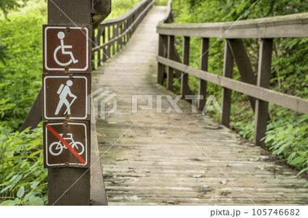footbridge on Katy Trail (side nature trail) near Rocheport, Missouri, in summer scenery 105746682