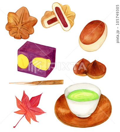 手描き水彩の秋の和菓子と緑茶のセットイラスト 105749305