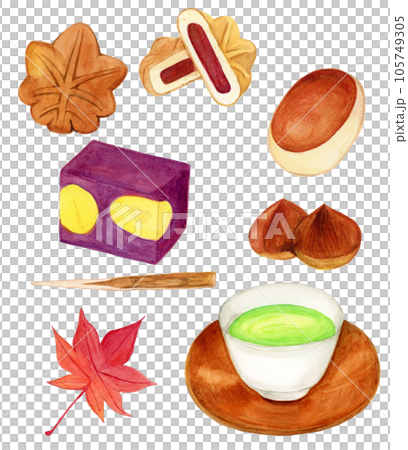 手繪水彩秋季日本甜點和綠茶套裝插畫 105749305