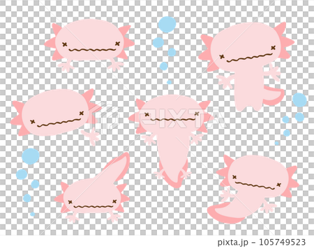 かわいいウーパールーパーとあぶくのセット/手描きイラスト素材 かわいいウーパールーパーとあぶくのセット/手描きイラスト素材 105749523