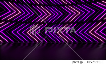 Neon lights retro purple glowing arrow shaped on floor abstract background Neon lights retro purple glowing arrow shaped on floor abstract background 105749968