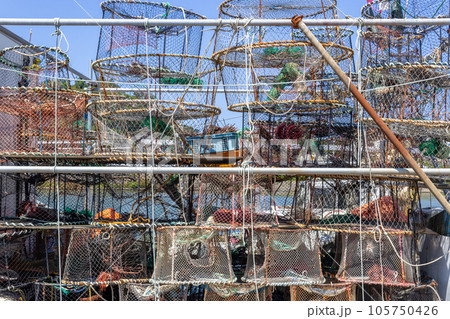 Fishing nets and equipment at Kanaiwa harbour. Kanazawa, Japan. 105750426