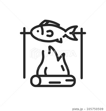 Fire Fried Fish Icon. Vector Outline Editable Sign of Fish on Skewer over Campfire. Linear Minimal Illustration for Delicious Outdoor Grilled Seafood Cuisine. 105750509