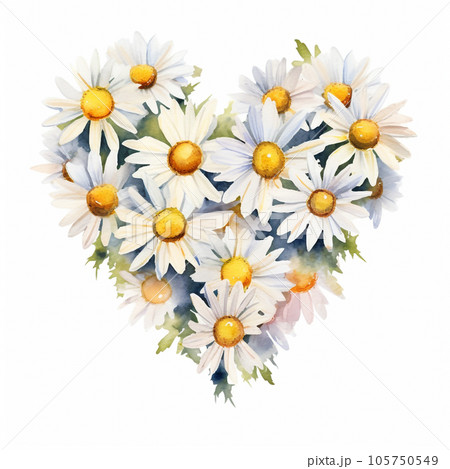 Camomile heart shaped frame hand drawn on white background. Tender watercolor floral illustration of delicate flower heads isolated. Meadow wildflower chamomile painted for photoframes, postcard, logo Camomile heart shaped frame hand drawn on white background. Tender watercolor floral illustration of delicate flower heads isolated. Meadow wildflower chamomile painted for photoframes, postcard, logo 105750549