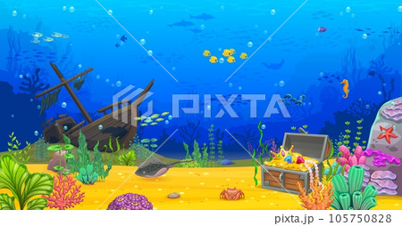 Sunken ship and pirate treasure chest, underwater sea landscape. Arcade game level vector background, tropical ocean coral reef bottom with blue water waves, fish shoal, dolphin, crab and stingray Sunken ship and pirate treasure chest, underwater sea landscape. Arcade game level vector background, tropical ocean coral reef bottom with blue water waves, fish shoal, dolphin, crab and stingray 105750828